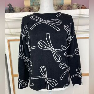 Sloan Rouge Chic Black Sweater w/White Bow Pattern runs big NWOT